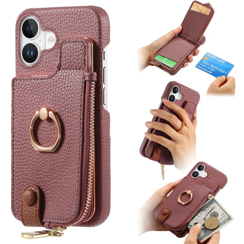 Y3 Pour Iphone 16 Carte de Carte de Carte de Boîtier Kickstand Leather + Tpu Téléphone Couvercle Avec Poche à Fermeture Éclair - Violet