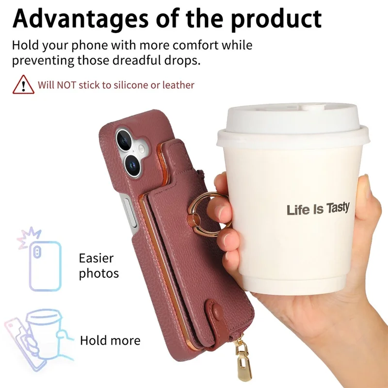 Y3 Pour Iphone 16 Carte de Carte de Carte de Boîtier Kickstand Leather + Tpu Téléphone Couvercle Avec Poche à Fermeture Éclair - Violet