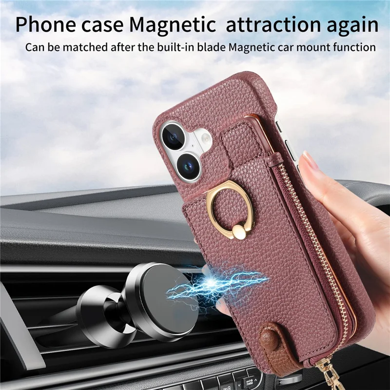 Y3 Pour Iphone 16 Carte de Carte de Carte de Boîtier Kickstand Leather + Tpu Téléphone Couvercle Avec Poche à Fermeture Éclair - Violet