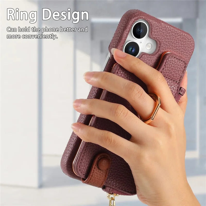 Y3 Pour Iphone 16 Carte de Carte de Carte de Boîtier Kickstand Leather + Tpu Téléphone Couvercle Avec Poche à Fermeture Éclair - Violet
