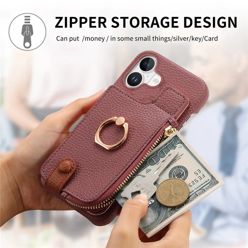 Y3 Pour Iphone 16 Carte de Carte de Carte de Boîtier Kickstand Leather + Tpu Téléphone Couvercle Avec Poche à Fermeture Éclair - Violet