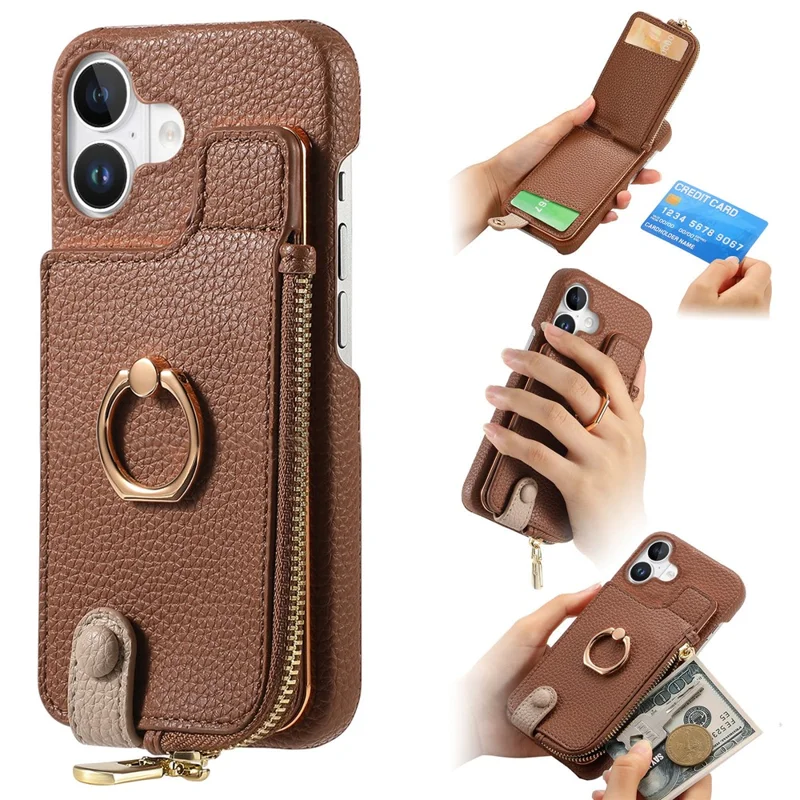 Y3 For iPhone 16 Case Card Holder Kickstand Leather+TPU Phone Cover with Zipper Pocket - Brown
