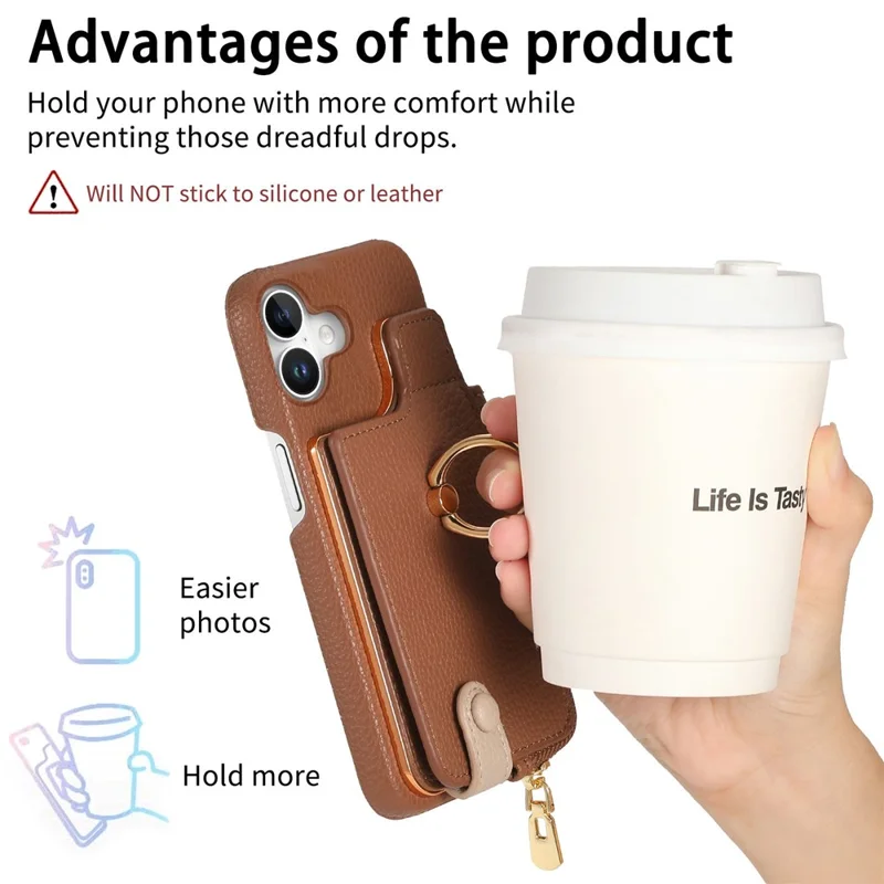 Y3 For iPhone 16 Case Card Holder Kickstand Leather+TPU Phone Cover with Zipper Pocket - Brown