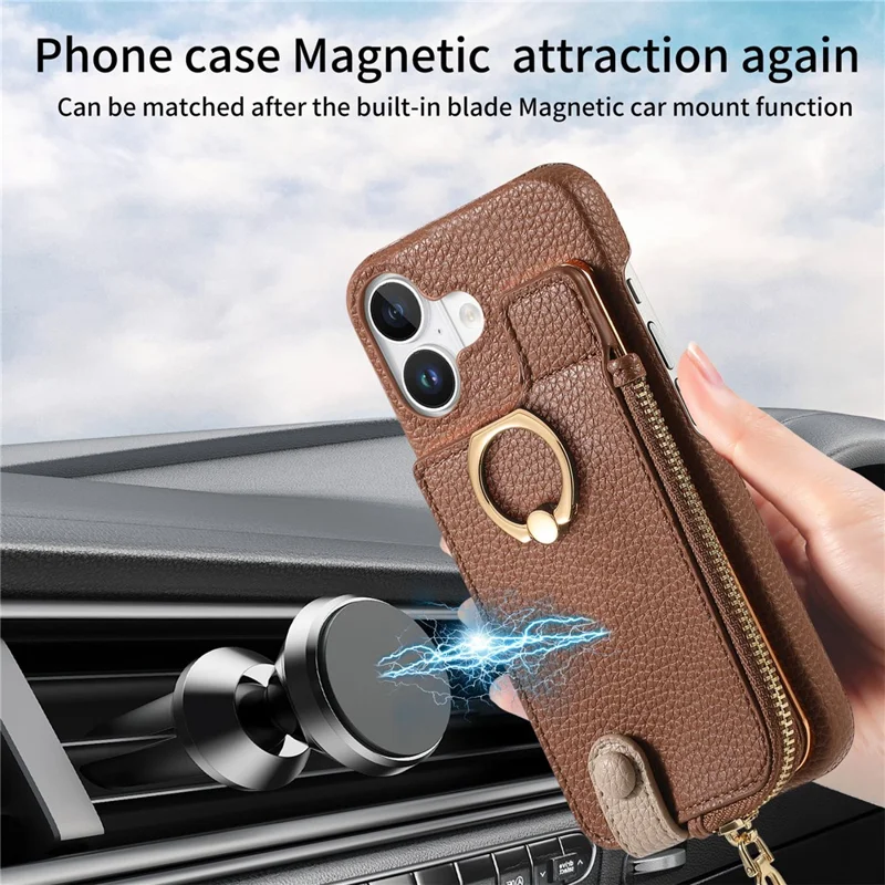 Y3 For iPhone 16 Case Card Holder Kickstand Leather+TPU Phone Cover with Zipper Pocket - Brown