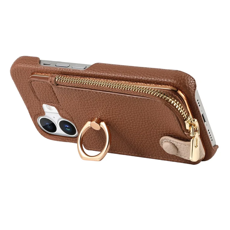 Y3 For iPhone 16 Case Card Holder Kickstand Leather+TPU Phone Cover with Zipper Pocket - Brown