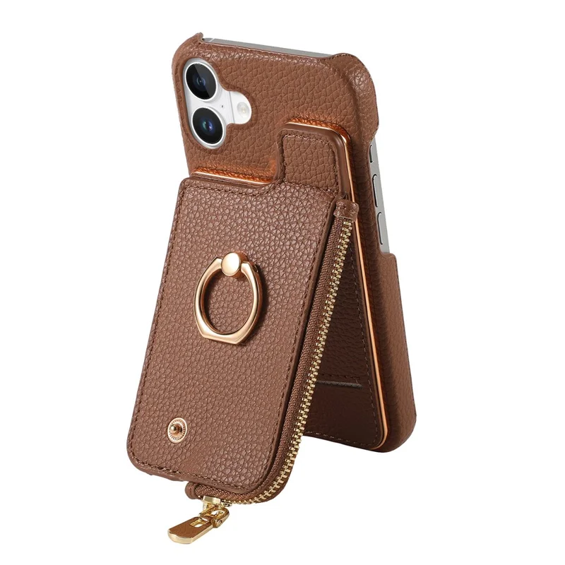 Y3 For iPhone 16 Case Card Holder Kickstand Leather+TPU Phone Cover with Zipper Pocket - Brown