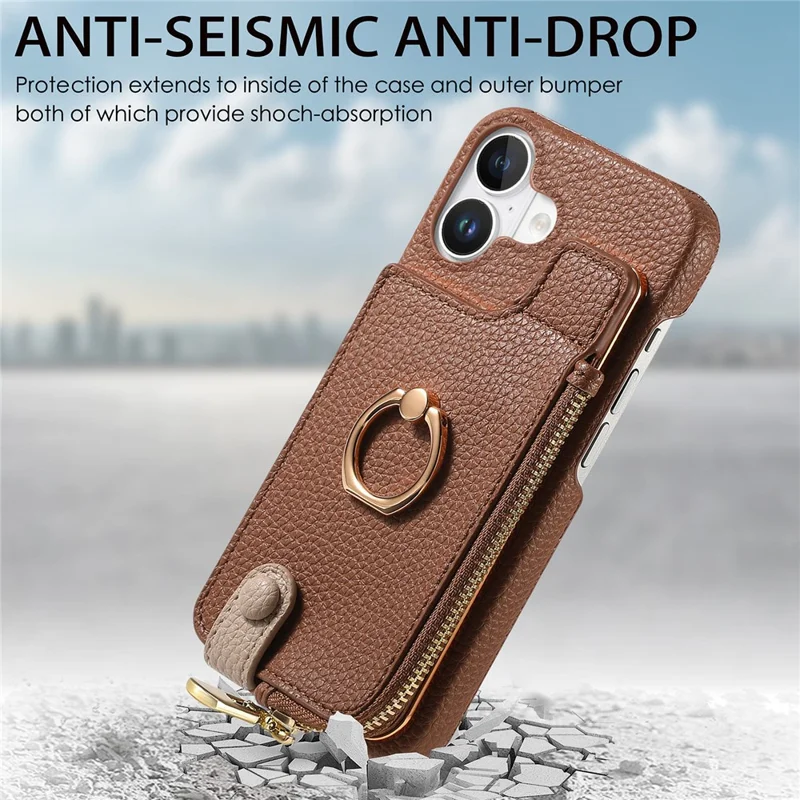 Y3 For iPhone 16 Case Card Holder Kickstand Leather+TPU Phone Cover with Zipper Pocket - Brown