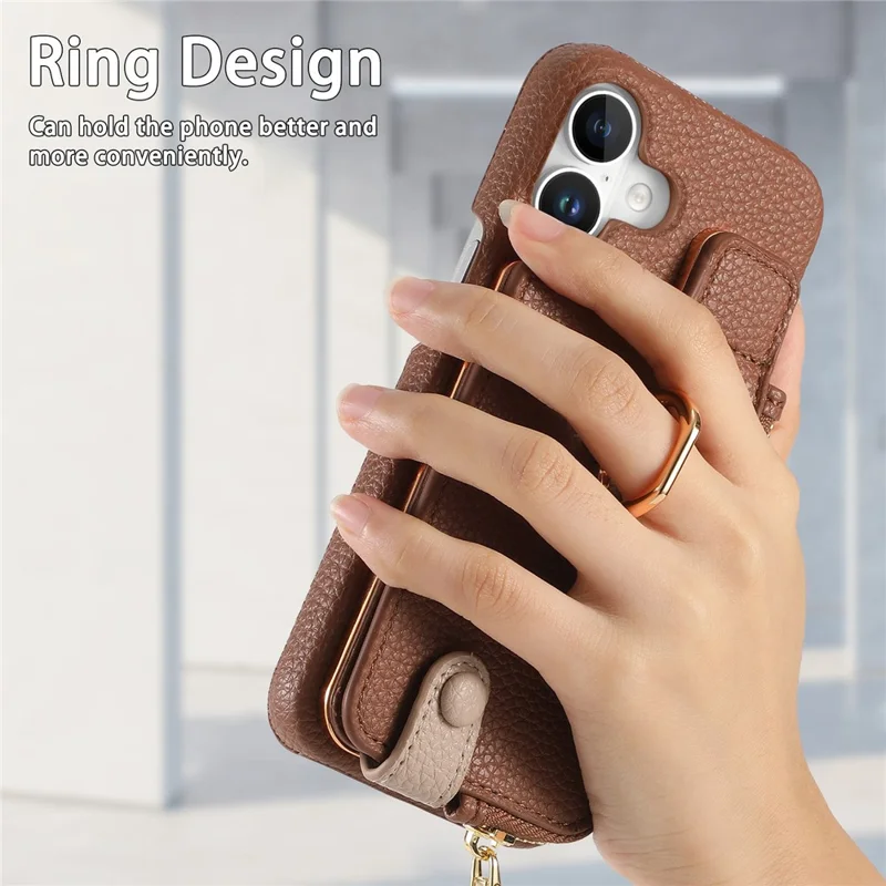 Y3 For iPhone 16 Case Card Holder Kickstand Leather+TPU Phone Cover with Zipper Pocket - Brown
