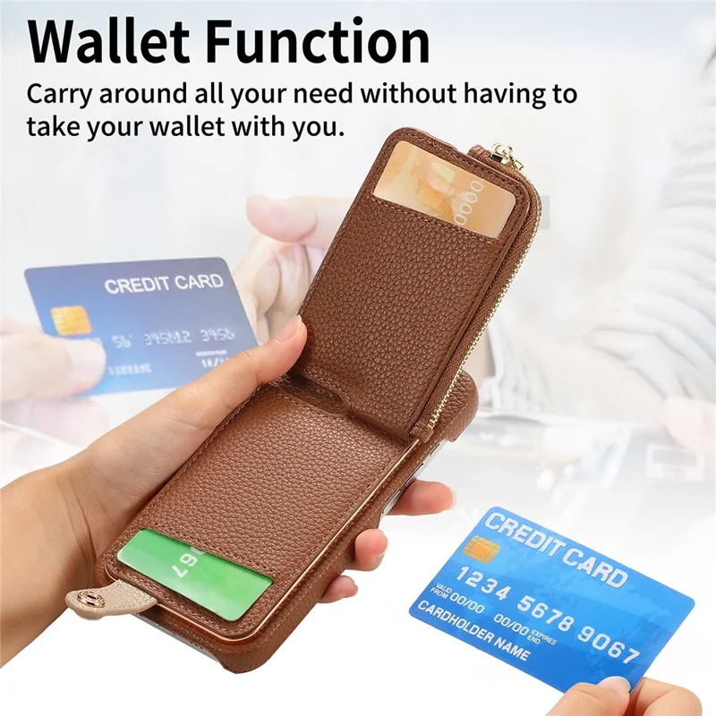 Y3 For iPhone 16 Case Card Holder Kickstand Leather+TPU Phone Cover with Zipper Pocket - Brown
