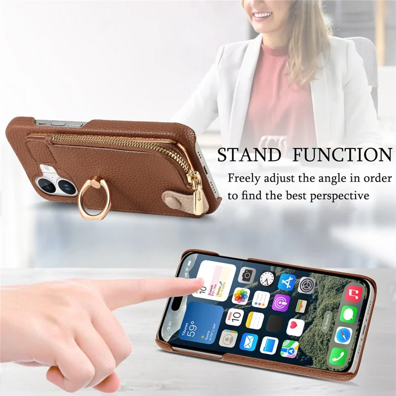 Y3 For iPhone 16 Case Card Holder Kickstand Leather+TPU Phone Cover with Zipper Pocket - Brown