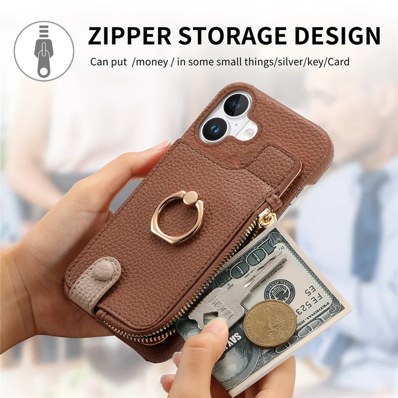 Y3 For iPhone 16 Case Card Holder Kickstand Leather+TPU Phone Cover with Zipper Pocket - Brown