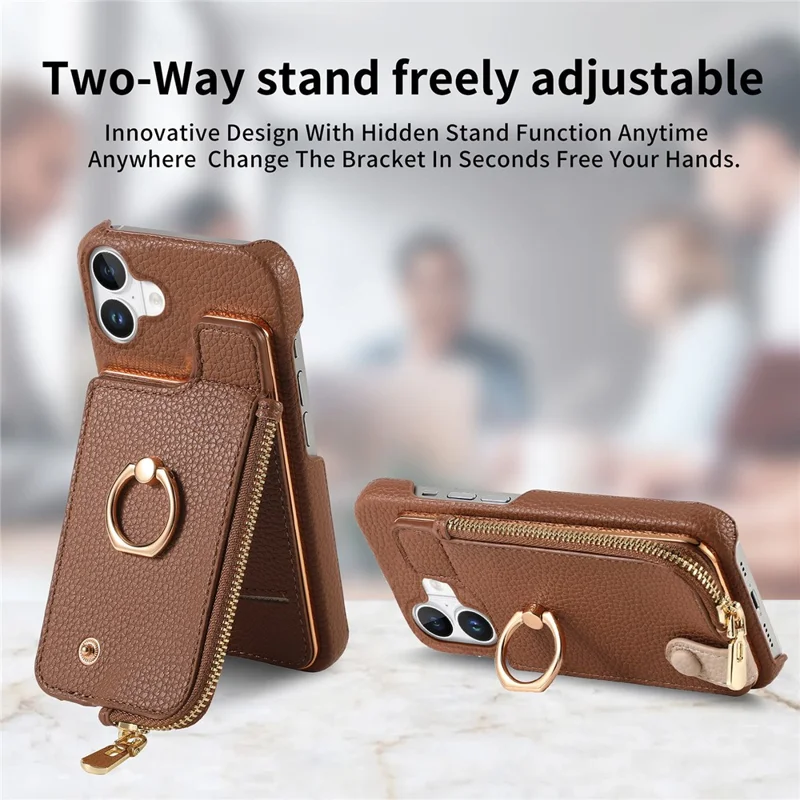 Y3 For iPhone 16 Case Card Holder Kickstand Leather+TPU Phone Cover with Zipper Pocket - Brown