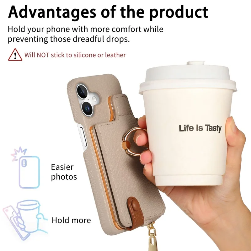 Y3 For iPhone 16 Case Card Holder Kickstand Leather+TPU Phone Cover with Zipper Pocket - Khaki