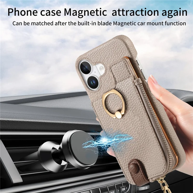 Y3 For iPhone 16 Case Card Holder Kickstand Leather+TPU Phone Cover with Zipper Pocket - Khaki