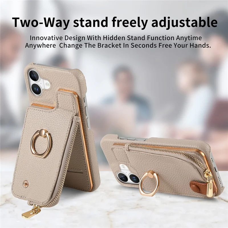 Y3 For iPhone 16 Case Card Holder Kickstand Leather+TPU Phone Cover with Zipper Pocket - Khaki