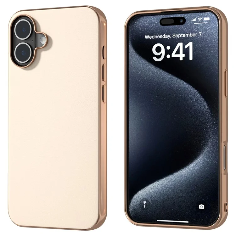 For iPhone 16 Plus Hülle Elektroplattierte Kante PU-Leder beschichtet TPU+PC Handyhülle - Hellgelb