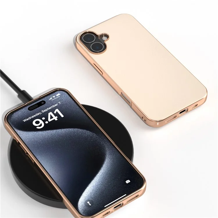 For iPhone 16 Plus Hülle Elektroplattierte Kante PU-Leder beschichtet TPU+PC Handyhülle - Hellgelb