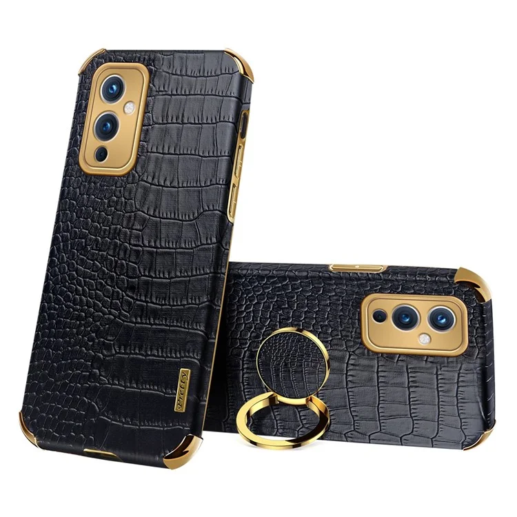 For OnePlus 9 (EU  /  US Version) Electroplating Crocodile Texture PU Leather Coated TPU Phone Case with Ring Holder Kickstand - Black