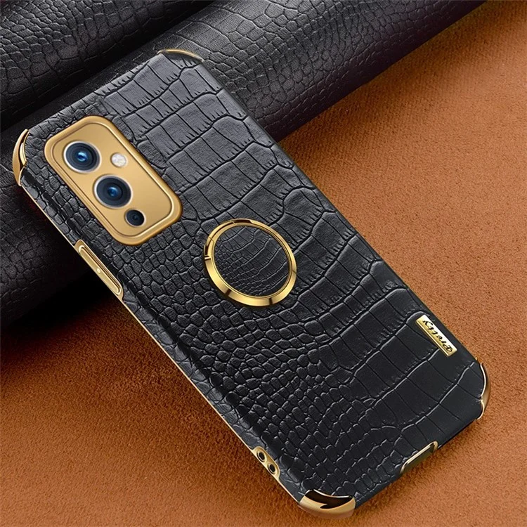 For OnePlus 9 (EU  /  US Version) Electroplating Crocodile Texture PU Leather Coated TPU Phone Case with Ring Holder Kickstand - Black