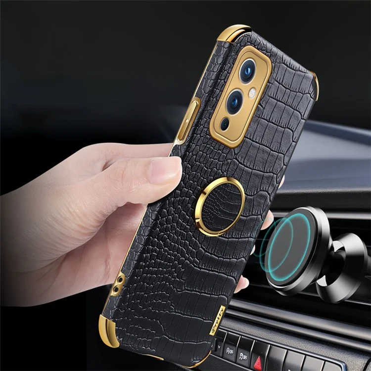 For OnePlus 9 (EU  /  US Version) Electroplating Crocodile Texture PU Leather Coated TPU Phone Case with Ring Holder Kickstand - Black