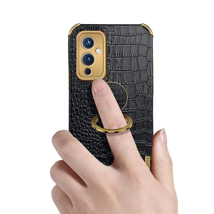 For OnePlus 9 (EU  /  US Version) Electroplating Crocodile Texture PU Leather Coated TPU Phone Case with Ring Holder Kickstand - Black