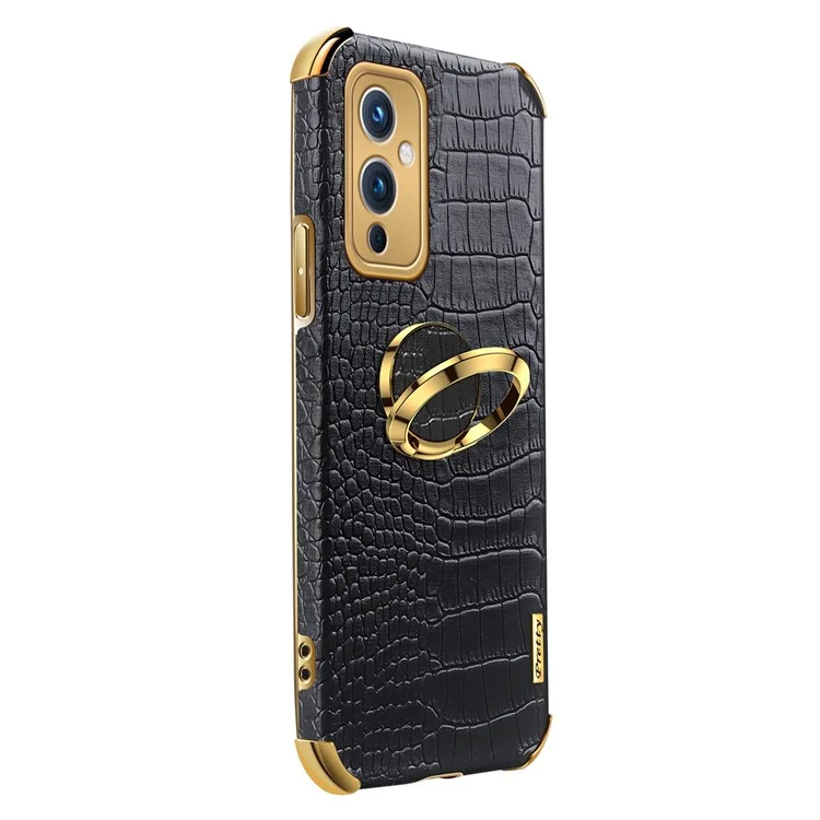 For OnePlus 9 (EU  /  US Version) Electroplating Crocodile Texture PU Leather Coated TPU Phone Case with Ring Holder Kickstand - Black