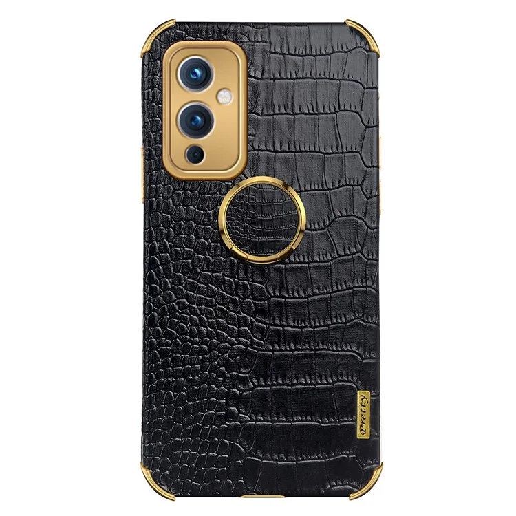 For OnePlus 9 (EU  /  US Version) Electroplating Crocodile Texture PU Leather Coated TPU Phone Case with Ring Holder Kickstand - Black