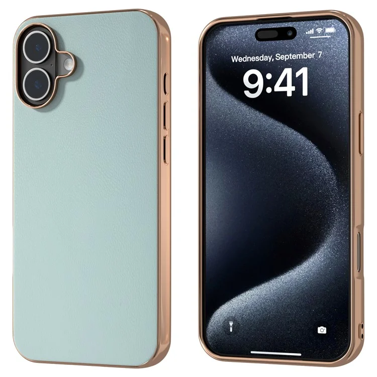 Custodia per iPhone 16 Bordi Elettroplaccati Rivestimento in Pelle PU TPU+PC - Baby Blue