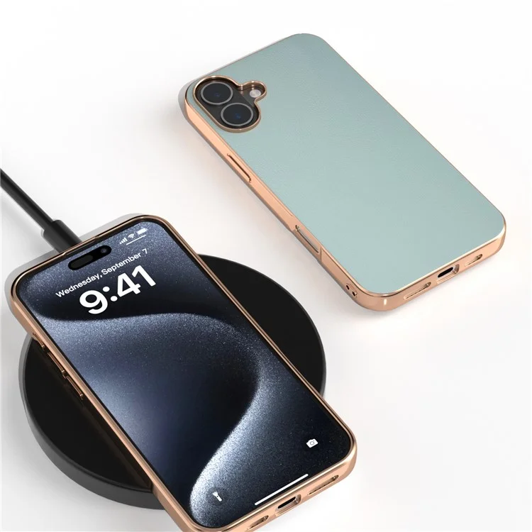 Custodia per iPhone 16 Bordi Elettroplaccati Rivestimento in Pelle PU TPU+PC - Baby Blue