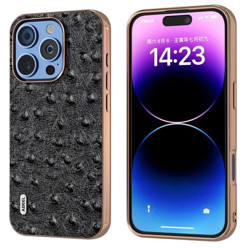 ABEEL For iPhone 16 Pro Max Case Electroplating Edge Ostrich Texture Genuine Cow Leather Back Cover - Black