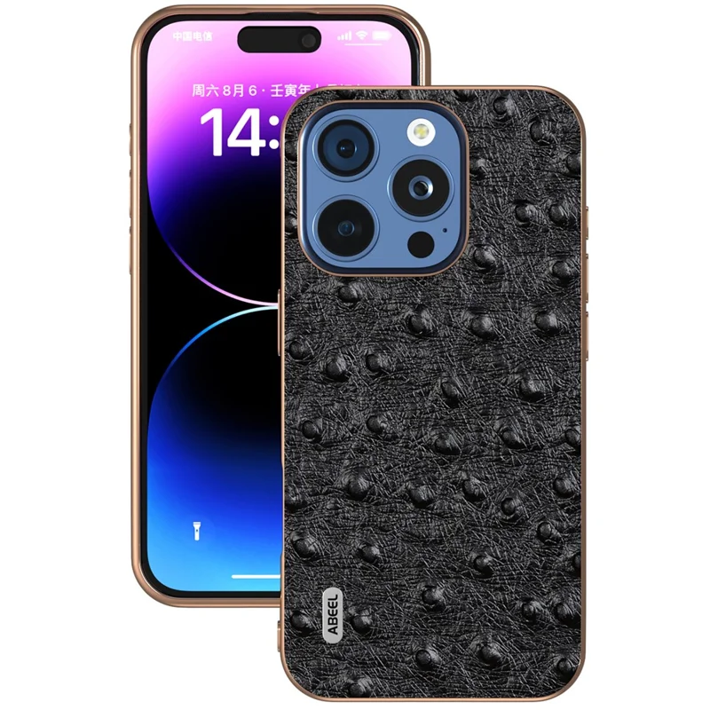 ABEEL For iPhone 16 Pro Max Case Electroplating Edge Ostrich Texture Genuine Cow Leather Back Cover - Black