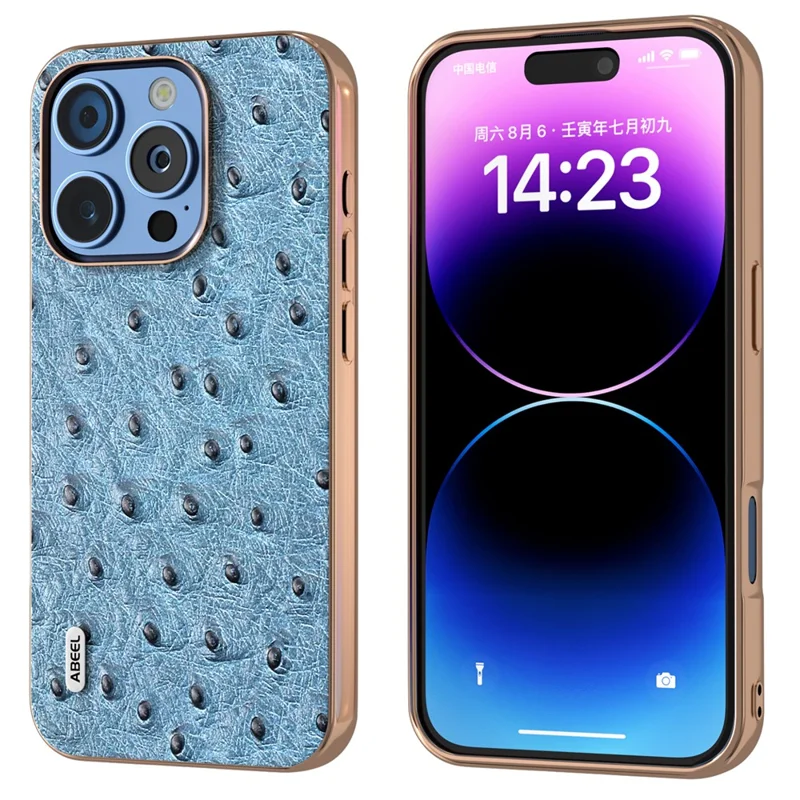 ABEEL For iPhone 16 Pro Case Electroplating Edge Ostrich Texture Genuine Cow Leather Back Cover - Blue
