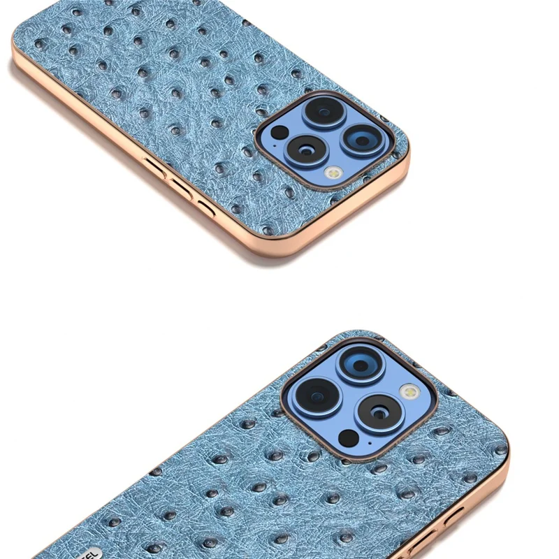 ABEEL For iPhone 16 Pro Case Electroplating Edge Ostrich Texture Genuine Cow Leather Back Cover - Blue