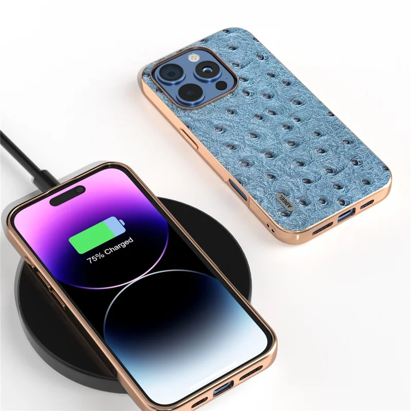 ABEEL For iPhone 16 Pro Case Electroplating Edge Ostrich Texture Genuine Cow Leather Back Cover - Blue