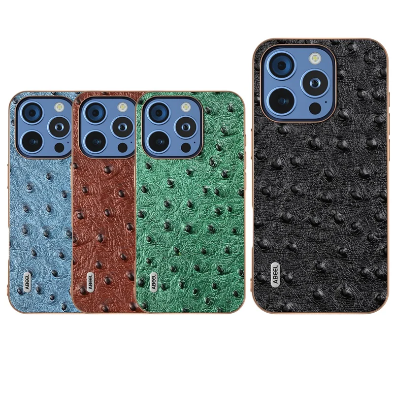 ABEEL For iPhone 16 Pro Case Electroplating Edge Ostrich Texture Genuine Cow Leather Back Cover - Blue