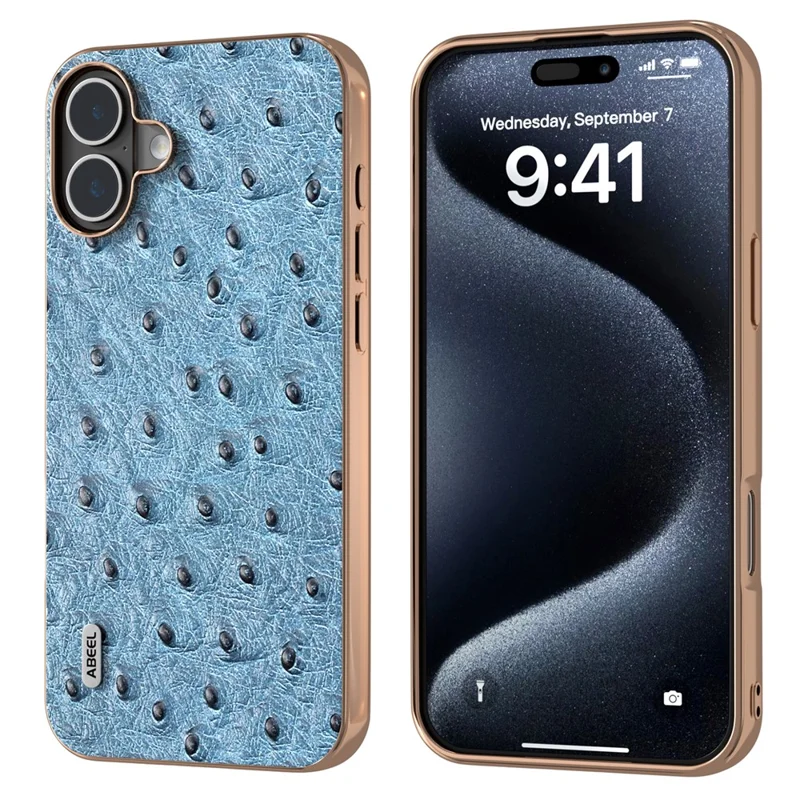 ABEEL For iPhone 16 Plus Case Electroplating Edge Ostrich Texture Genuine Cow Leather Back Cover - Blue