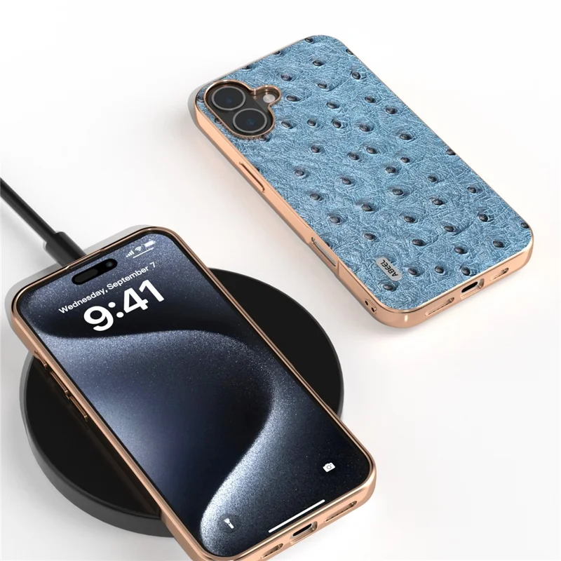 ABEEL For iPhone 16 Plus Case Electroplating Edge Ostrich Texture Genuine Cow Leather Back Cover - Blue