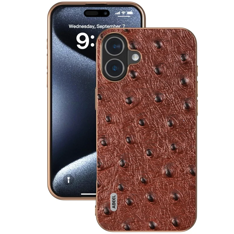 ABEEL For iPhone 16 Case Electroplating Edge Ostrich Texture Genuine Cow Leather Back Cover - Coffee