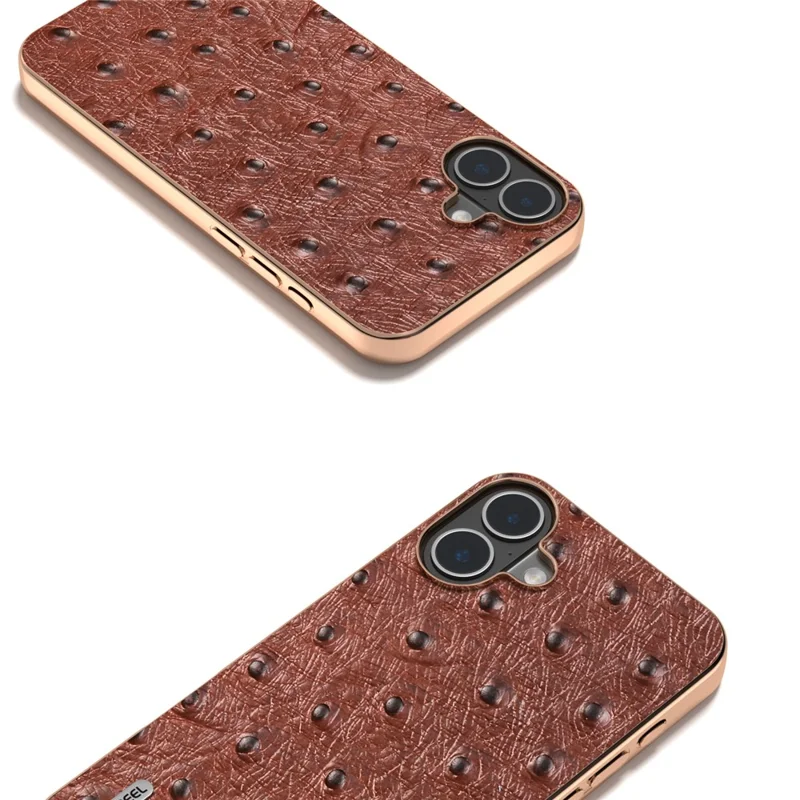 ABEEL For iPhone 16 Case Electroplating Edge Ostrich Texture Genuine Cow Leather Back Cover - Coffee