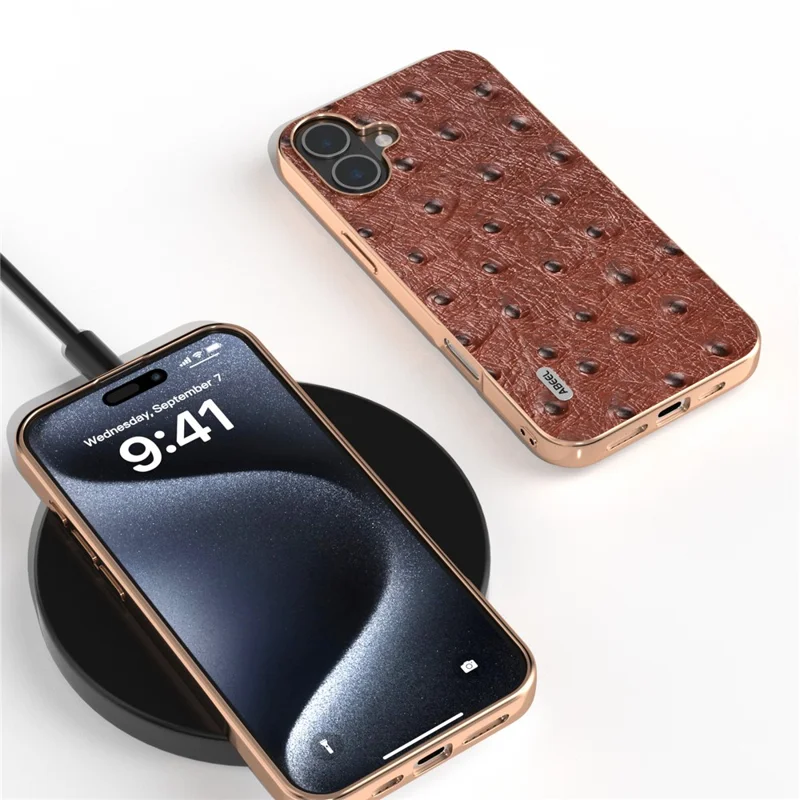 ABEEL For iPhone 16 Case Electroplating Edge Ostrich Texture Genuine Cow Leather Back Cover - Coffee