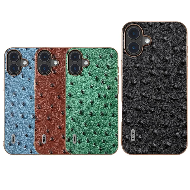 ABEEL For iPhone 16 Case Electroplating Edge Ostrich Texture Genuine Cow Leather Back Cover - Coffee