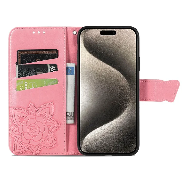 Pour Iphone 16 Pro pu Leather Wallet Couvercle de Téléphone Patché - Rose