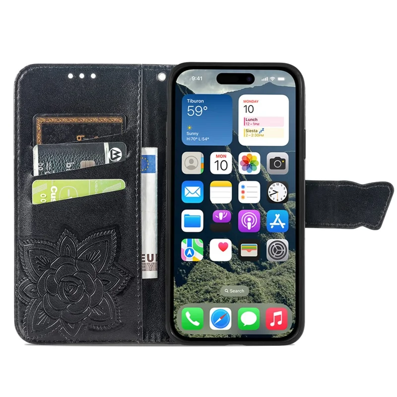 Til iPhone 16 Case PU Læder Wallet Telefonbeskyttelse Butterfly Mønster - Sort