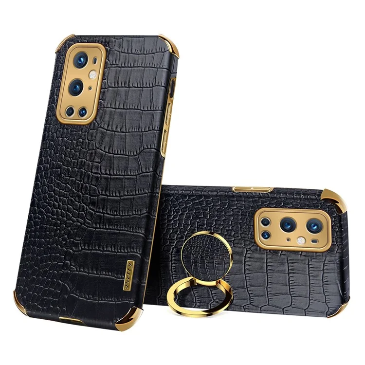 Ring Kickstand Electroplating Phone Case for OnePlus 9 Pro 5G, Crocodile Texture PU Leather Coated TPU Cover - Black