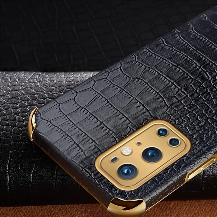 Ring Kickstand Electroplating Phone Case for OnePlus 9 Pro 5G, Crocodile Texture PU Leather Coated TPU Cover - Black