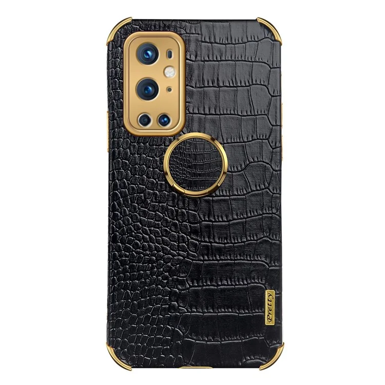 Ring Kickstand Electroplating Phone Case for OnePlus 9 Pro 5G, Crocodile Texture PU Leather Coated TPU Cover - Black