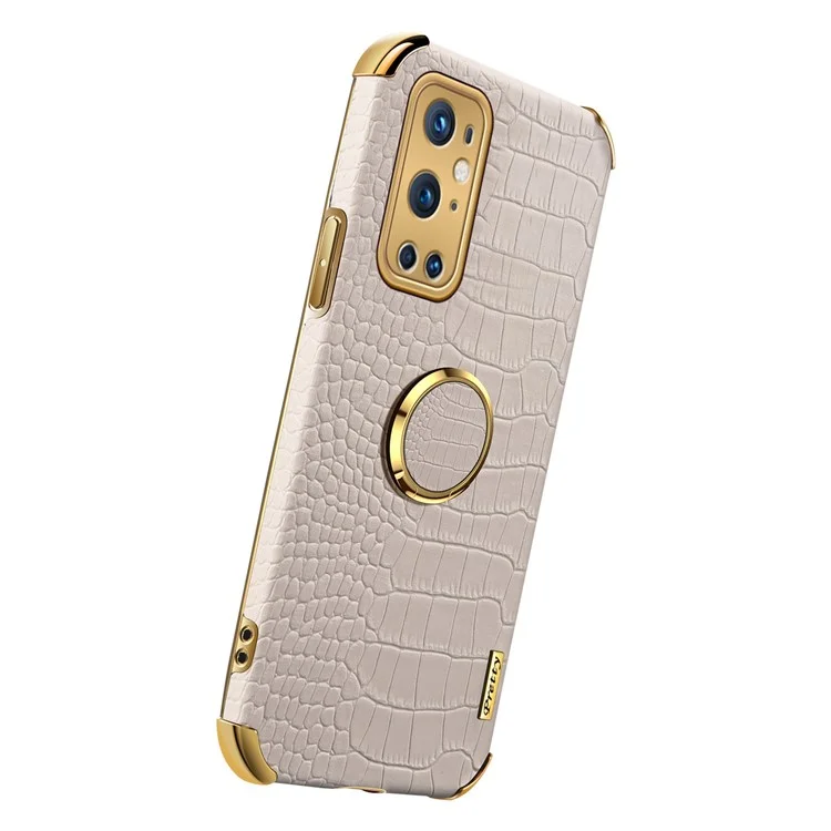 Ring Kickstand Electroplating Phone Case for OnePlus 9 Pro 5G, Crocodile Texture PU Leather Coated TPU Cover - White