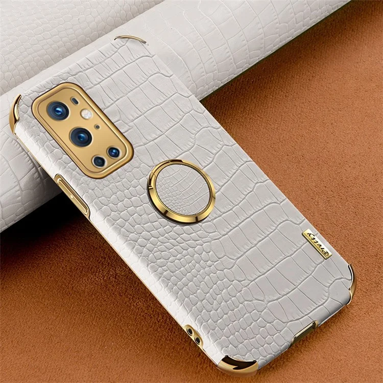 Ring Kickstand Electroplating Phone Case for OnePlus 9 Pro 5G, Crocodile Texture PU Leather Coated TPU Cover - White