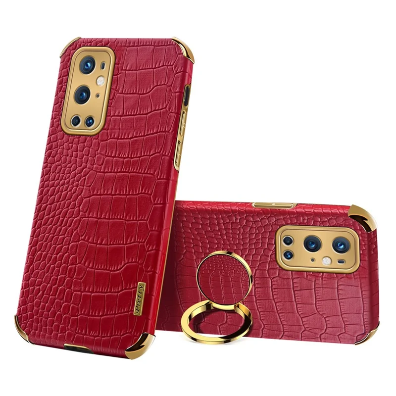 Ring Kickstand Electroplating Phone Case for OnePlus 9 Pro 5G, Crocodile Texture PU Leather Coated TPU Cover - Red