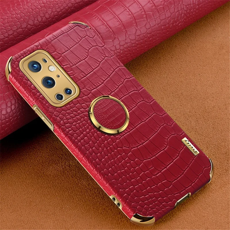 Ring Kickstand Electroplating Phone Case for OnePlus 9 Pro 5G, Crocodile Texture PU Leather Coated TPU Cover - Red